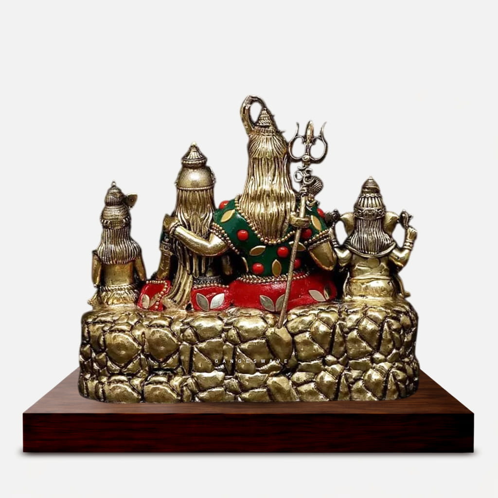 Shiv Parvati Family Brass Idol with Stone Inlay Work - 7 inches - Image 5