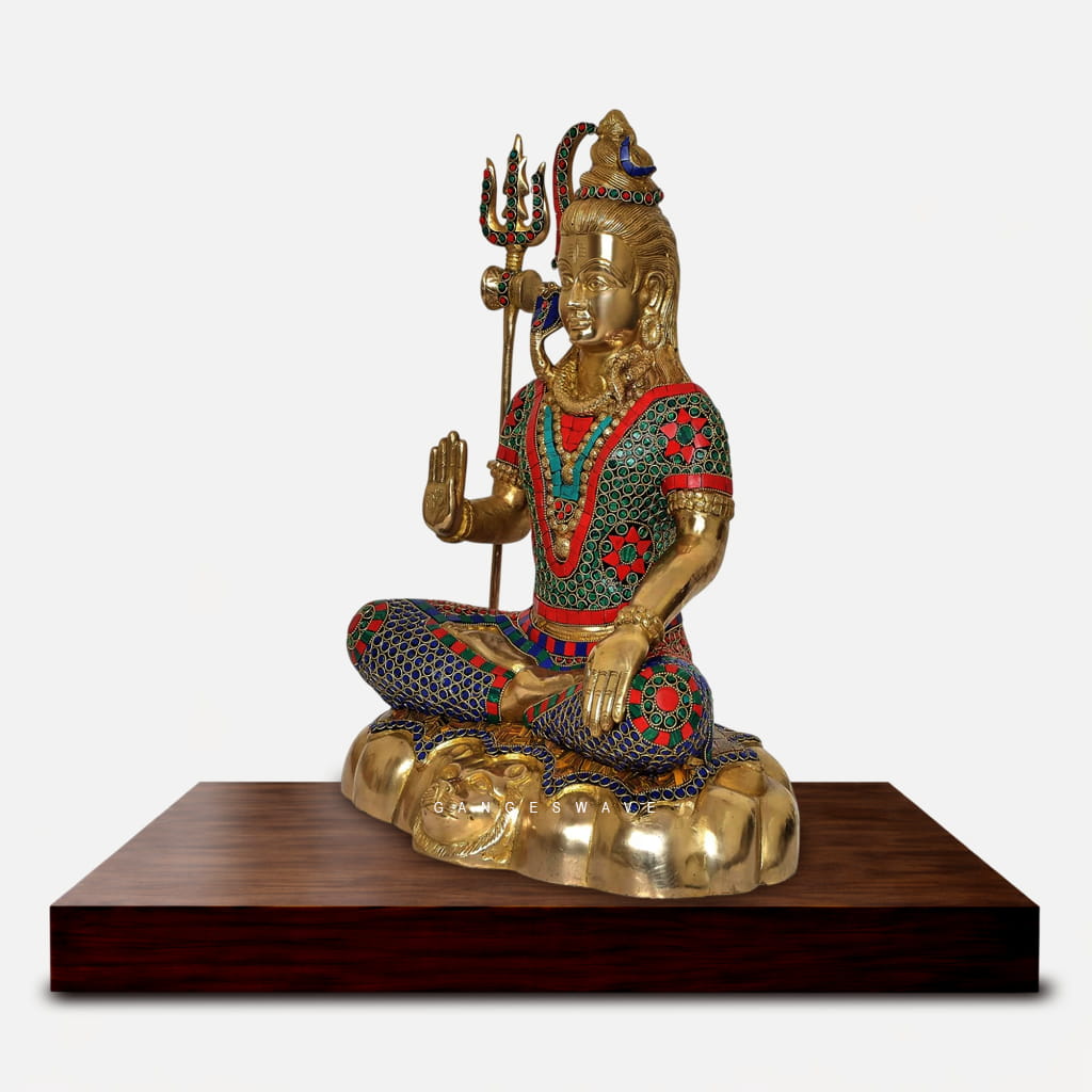 Colorful Handcrafted Brass Lord Shiva Murti with Stone Inlay - 13 inches - Image 4