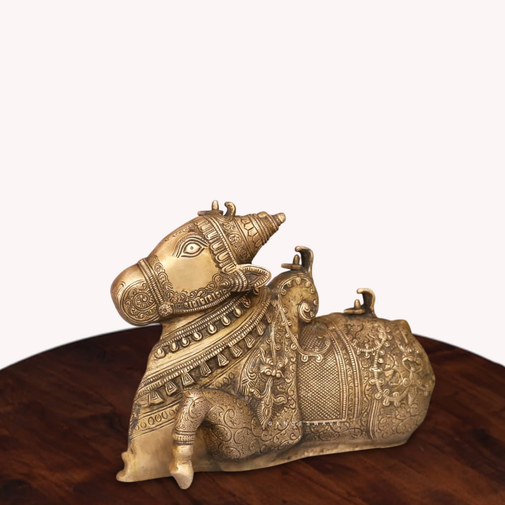 Intricately Engraved Brass Nandi in Antique Finish - 8 inches - Image 3