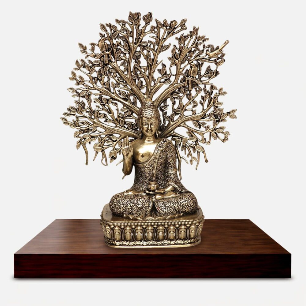 Superfine Brass Buddha with Sacred Bodhi Tree - 6 inches