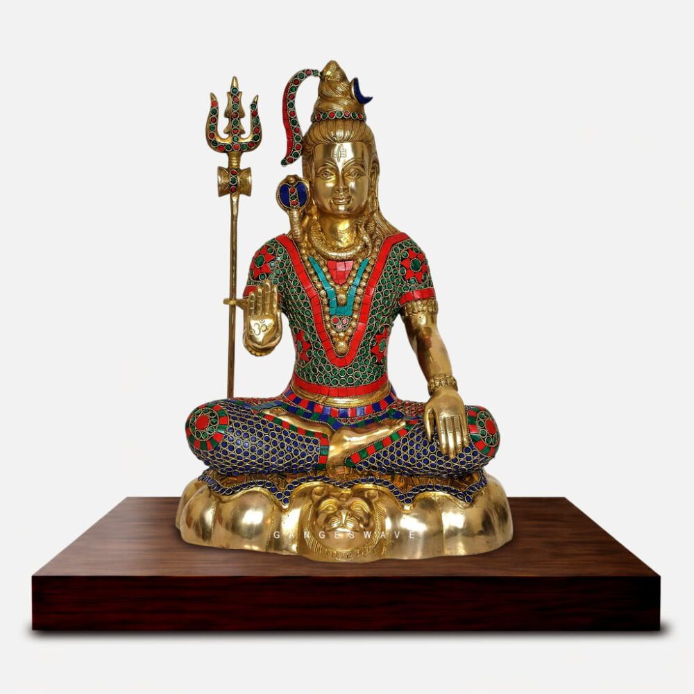 Colorful Handcrafted Brass Lord Shiva Murti with Stone Inlay - 13 inches