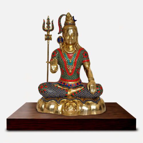 Colorful Handcrafted Brass Lord Shiva Murti with Stone Inlay - 13 inches