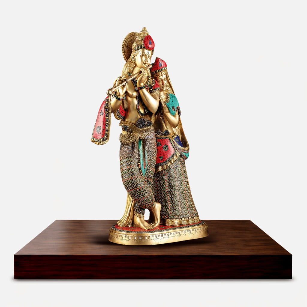 Brass Radha Krishna Murti with Intricate Stone Work - 24 inches - Image 2