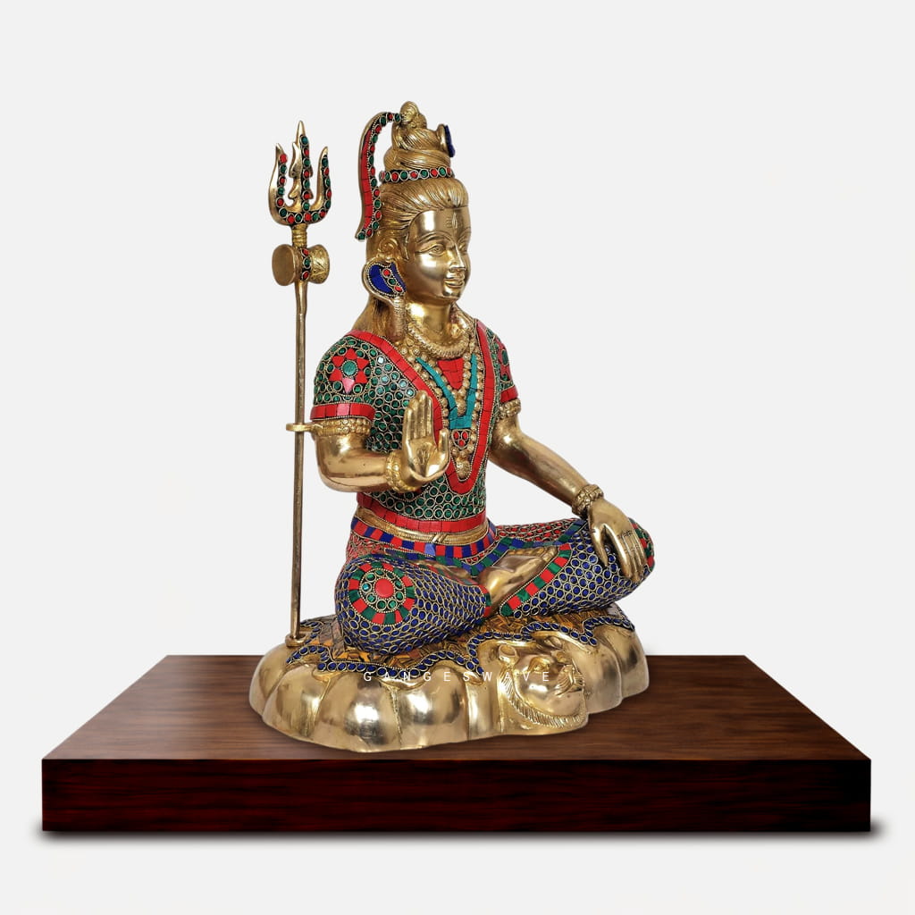 Colorful Handcrafted Brass Lord Shiva Murti with Stone Inlay - 13 inches - Image 2
