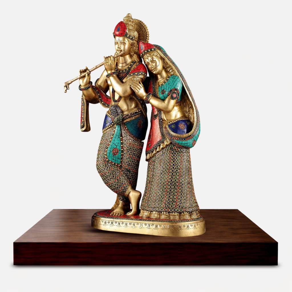 Brass Radha Krishna Murti with Intricate Stone Work - 24 inches - Image 3
