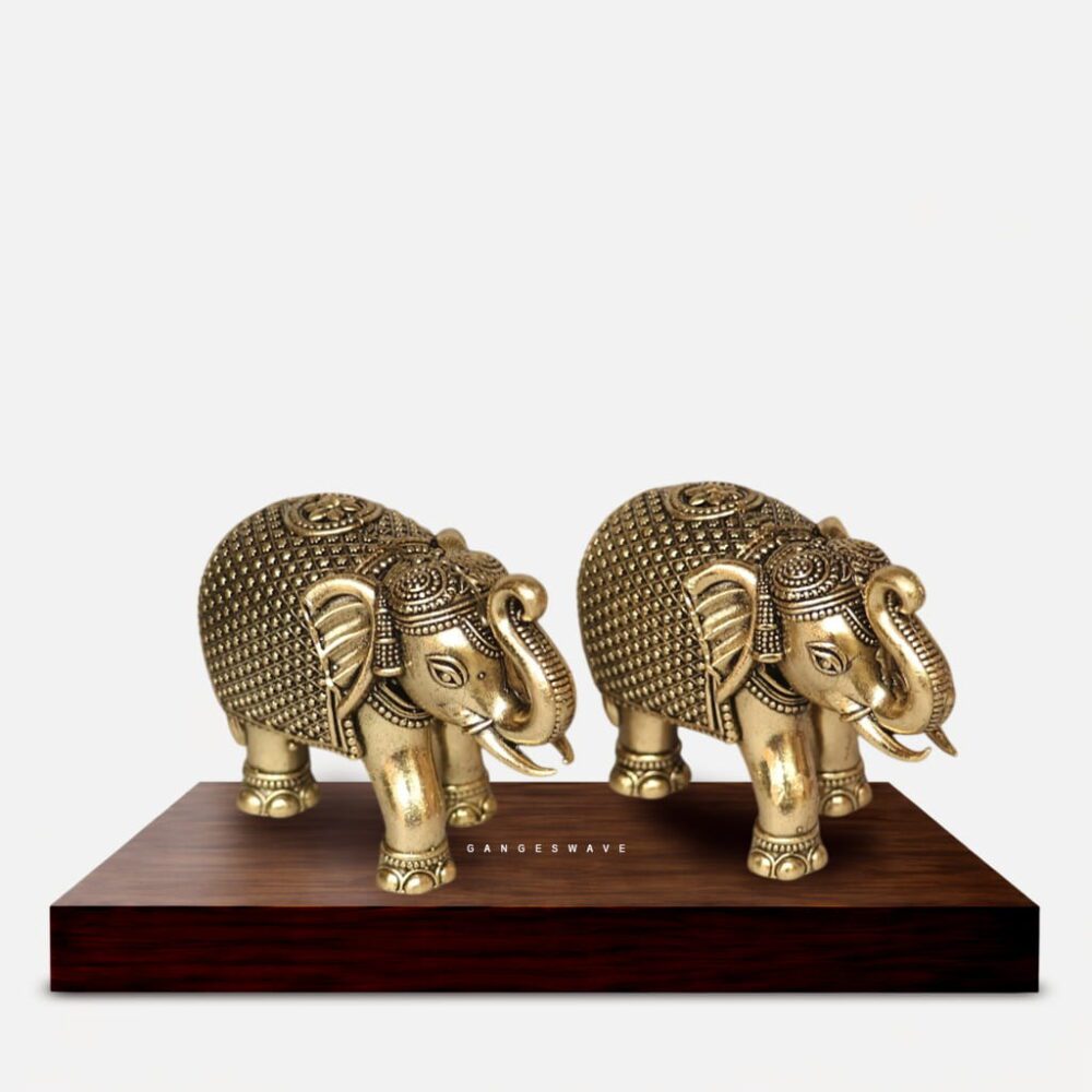 Handcrafted Brass Elephant Pair Table Decor on Wooden Base Home Decor Showpiece