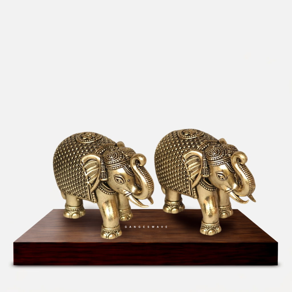 Handcrafted Brass Elephant Pair Table Decor on Wooden Base Home Decor Showpiece