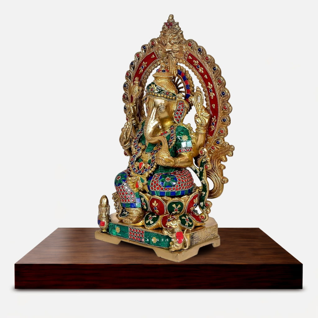 Brass Lord Ganesha Idol with Meenakari Stonework - 17.5 inches - Image 3