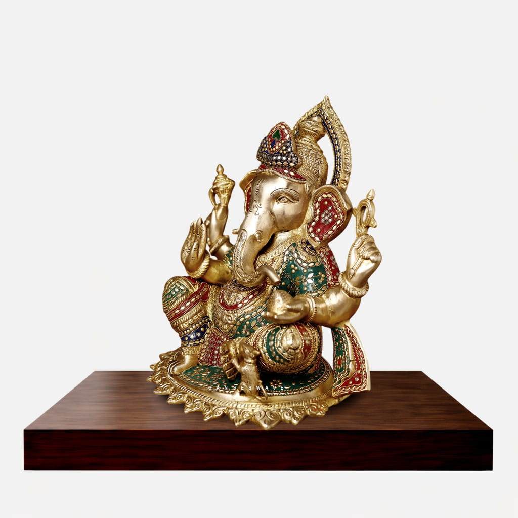 Premium Handcrafted Brass Lord Ganesha Idol with Intricate Meenakari Work - 13 inches - Image 3