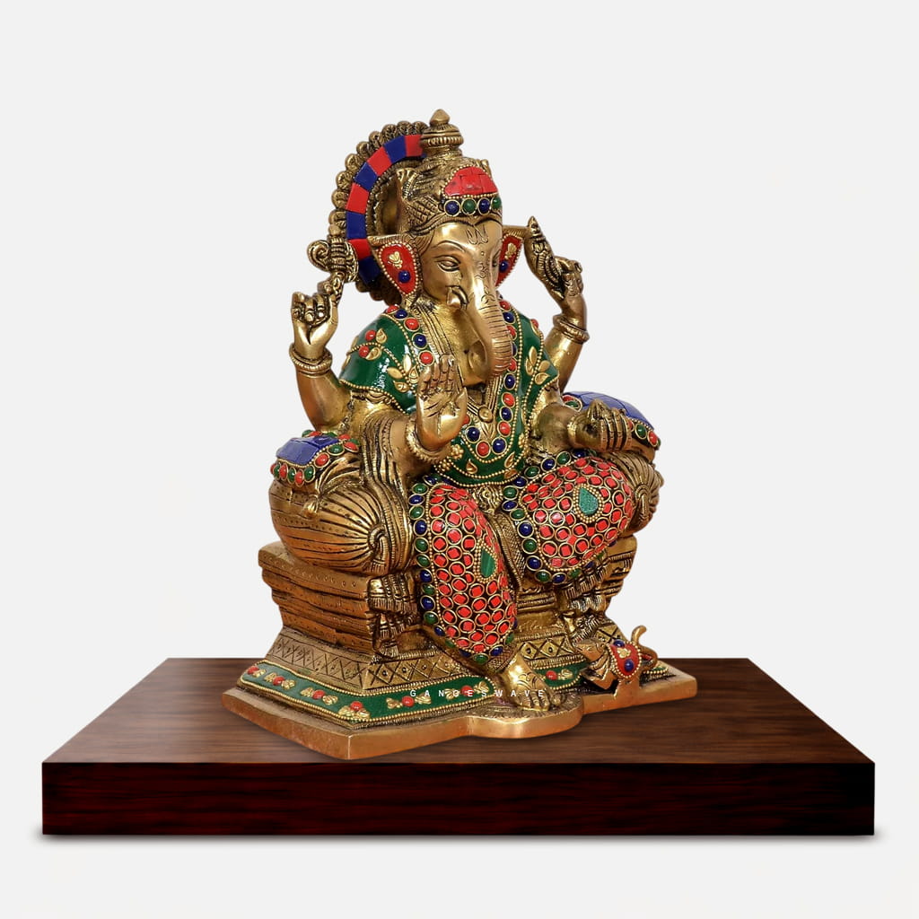 Multicolour Meenakari Brass Lord Ganesha Idol - 10 inches - Image 2