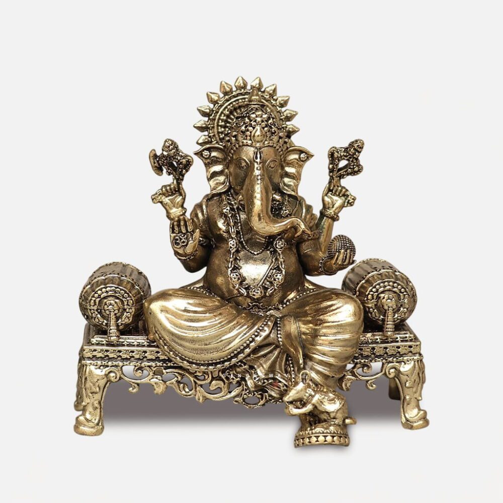 Brass Ganesha Idol Seated on Sinhasana - 4 inches