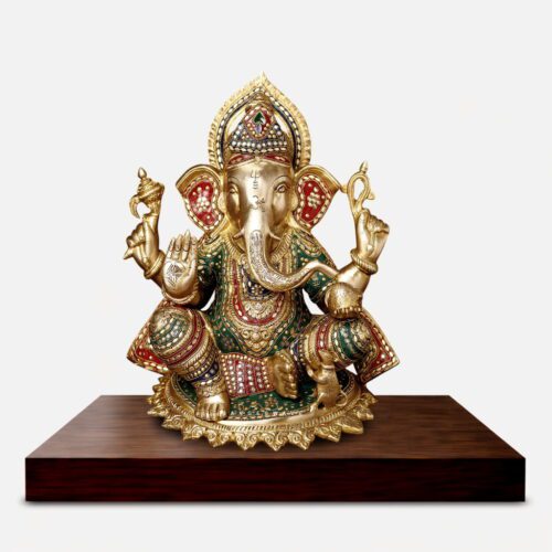 Premium Handcrafted Brass Lord Ganesha Idol with Intricate Meenakari Work - 13 inches