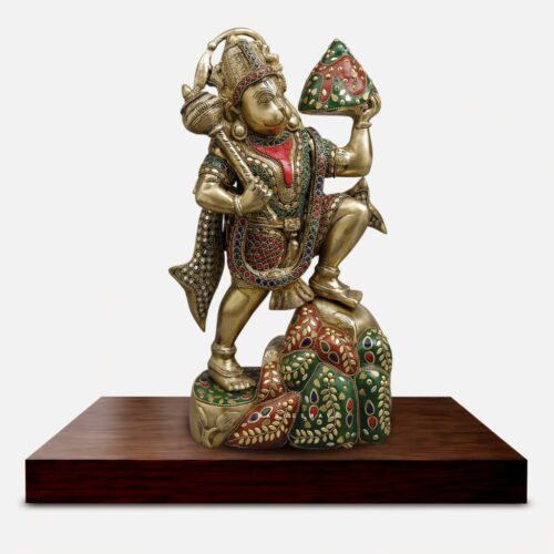 Multicolour Brass Hanuman Carrying Sanjeevani Parvat - 15 inches