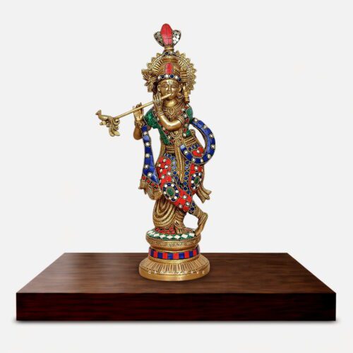 Brass Lord Krishna Idol with Multicolor Stone Inlay- 15 inches