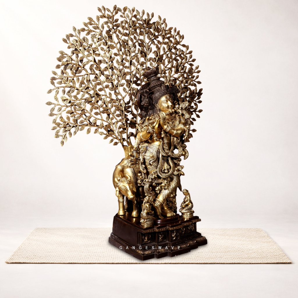 Brass Krishna with Tree of Life Statue - 36 inches - Image 3