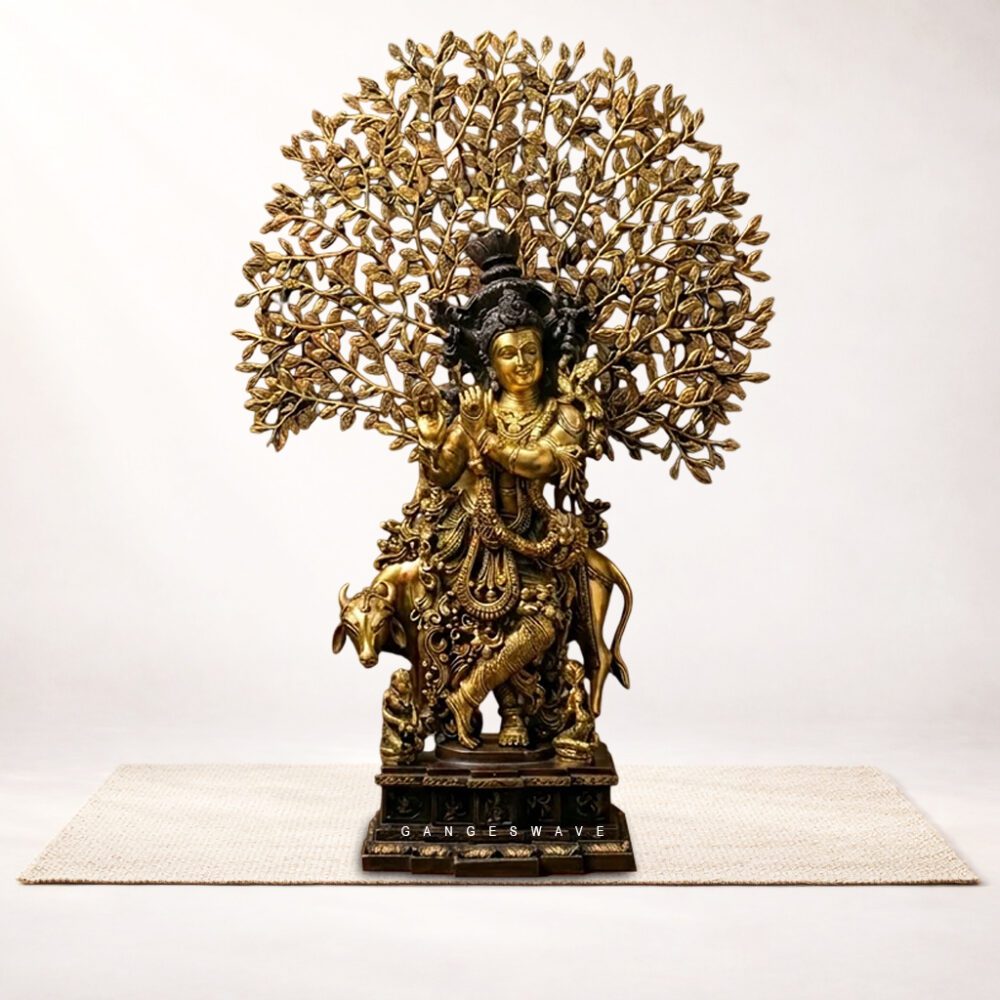Brass Krishna with Tree of Life Statue - 36 inches