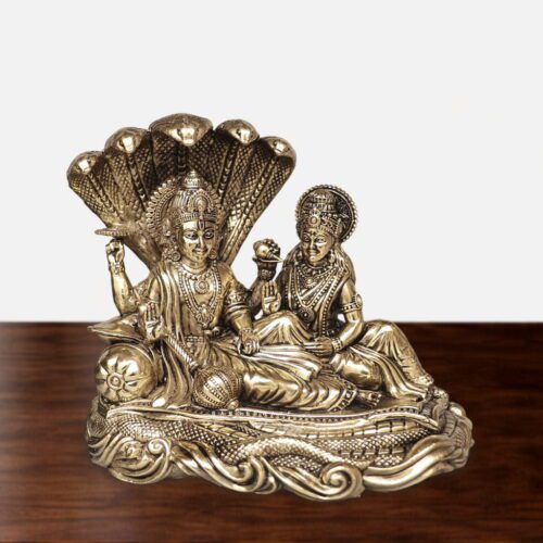 Handcrafted brass Lakshmi Narayan idol with Sheshnag canopy, detailed Hindu deity statue for puja and home décor