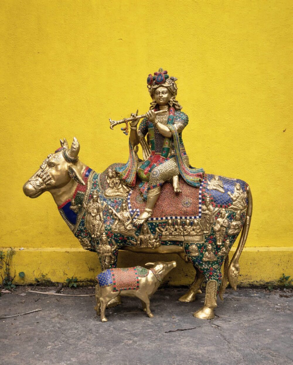 Superfine Meenakari Brass Krishna Sitting on Cow with Calf