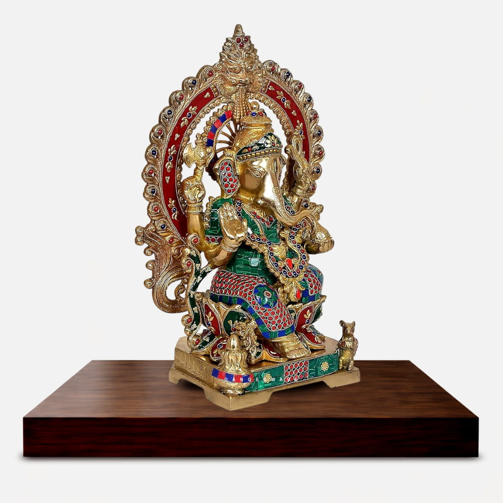 Brass Lord Ganesha Idol with Meenakari Stonework - 17.5 inches - Image 2
