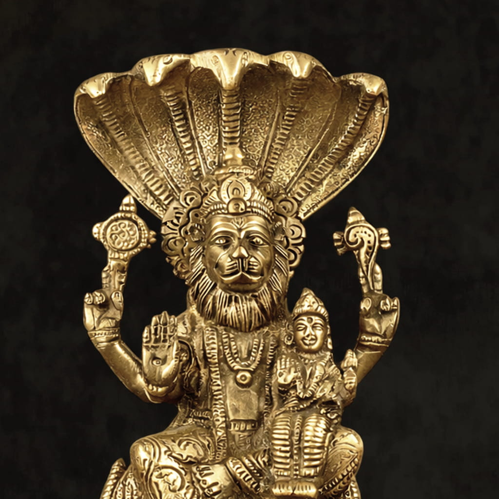 Lakshmi Narasimha Antique Gold Brass Statue - 8 inches - Image 5