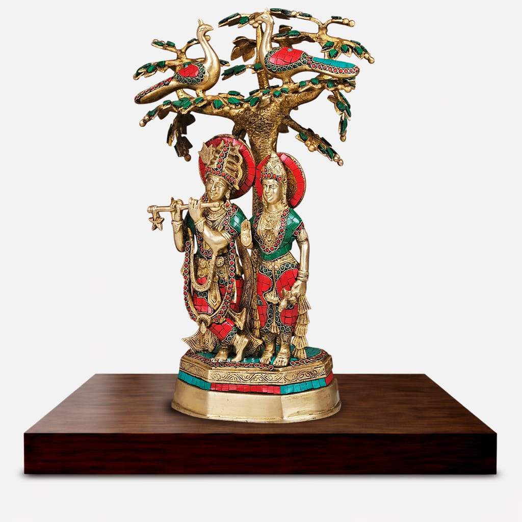 Brass Radha Krishna Statue Under Bodhi Tree Meenakari Work - 19 inches - Image 2
