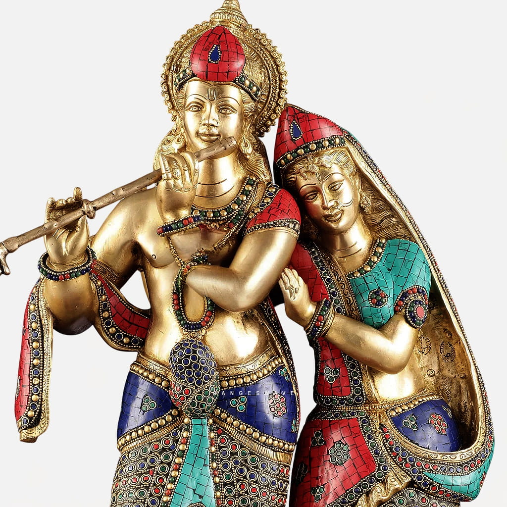 Brass Radha Krishna Murti with Intricate Stone Work - 24 inches - Image 4