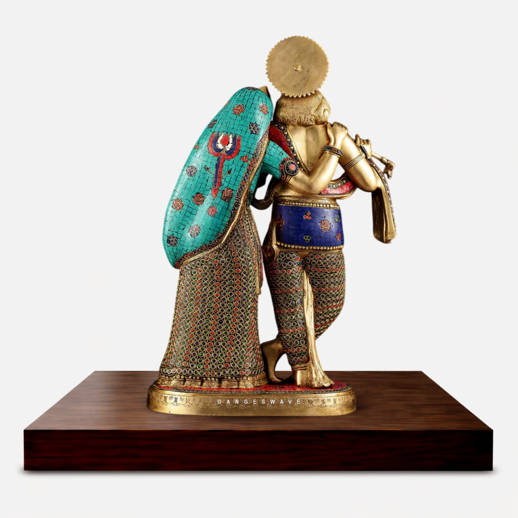 Brass Radha Krishna Murti with Intricate Stone Work - 24 inches - Image 5