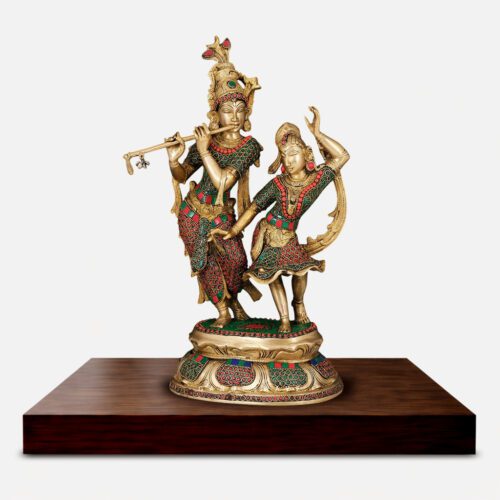 Dancing Radha Krishna Brass Idol with Meenakari Work - 16 inches