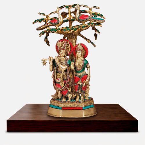 Brass Radha Krishna Statue Under Bodhi Tree Meenakari Work - 19 inches