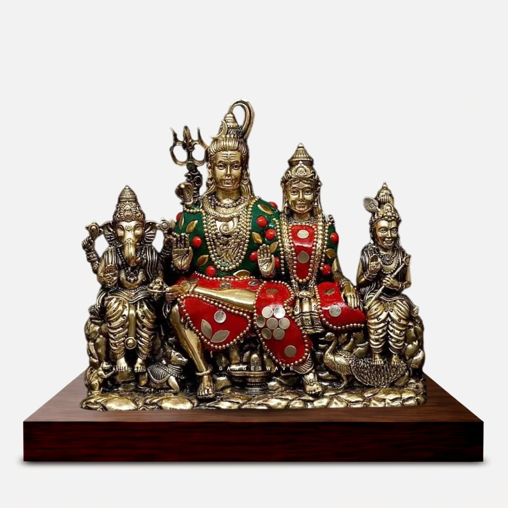 Shiv Parvati Family Brass Idol with Stone Inlay Work - 7 inches - Image 3