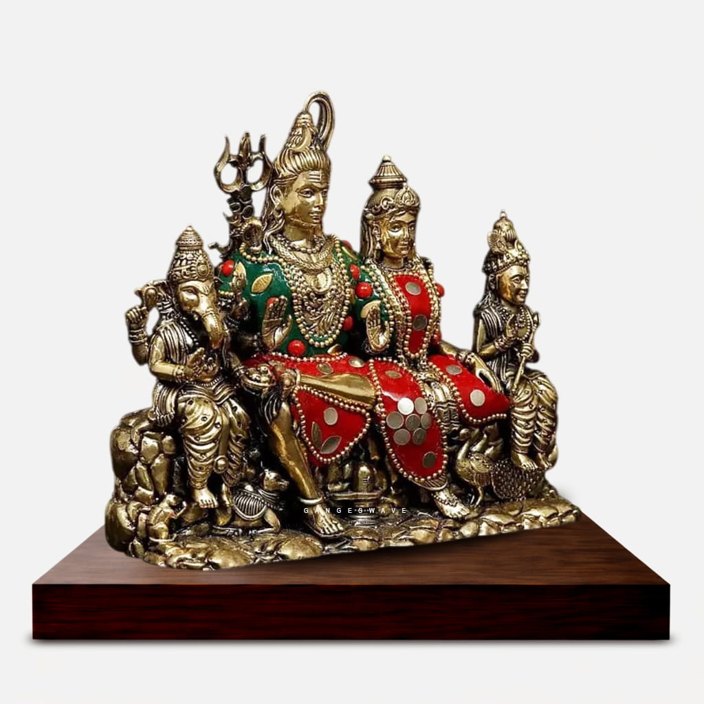 Shiv Parvati Family Brass Idol with Stone Inlay Work - 7 inches - Image 4