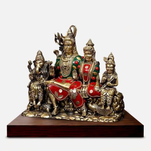Shiv Parvati Family Brass Idol with Stone Inlay Work - 7 inches