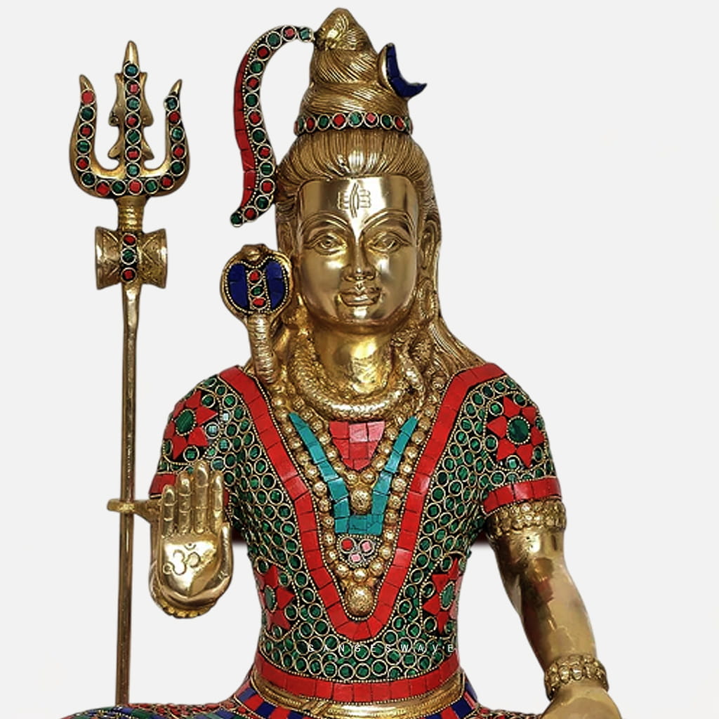 Colorful Handcrafted Brass Lord Shiva Murti with Stone Inlay - 13 inches - Image 3