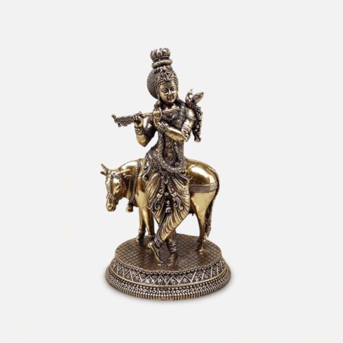 Superfine Brass Krishna Idol with Cow - 7 inches