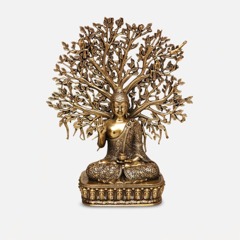 Superfine Brass Buddha with Sacred Bodhi Tree - 6 inches