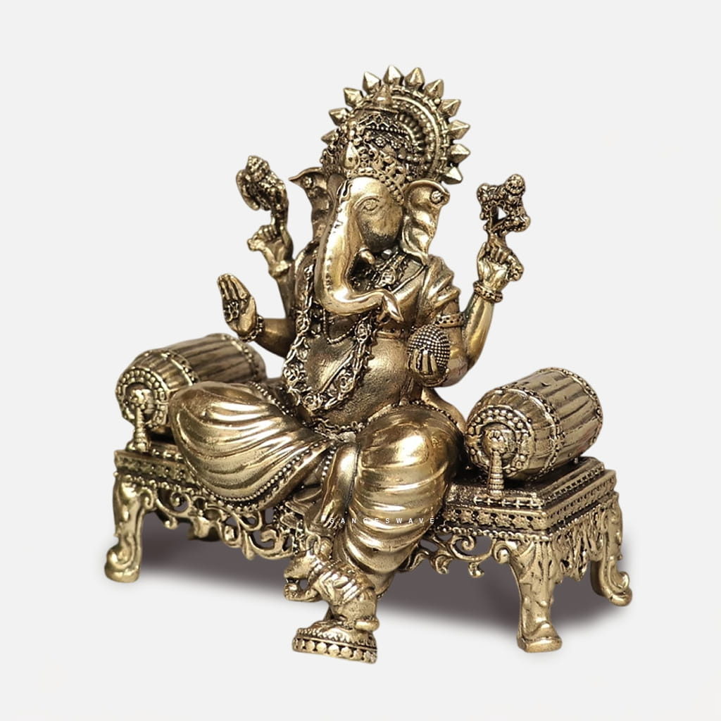 Brass Ganesha Idol Seated on Sinhasana - 4 inches - Image 2