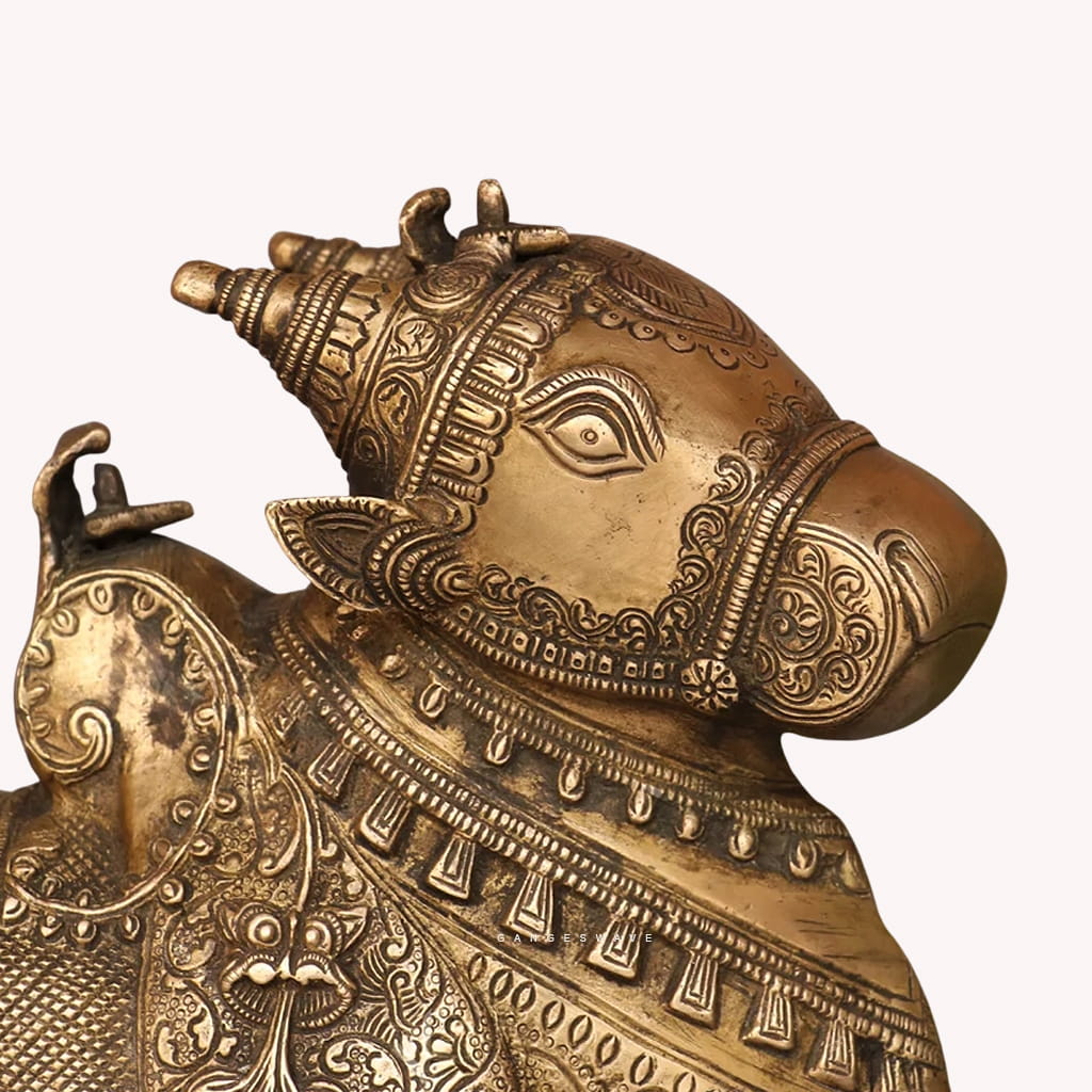 Intricately Engraved Brass Nandi in Antique Finish - 8 inches - Image 4