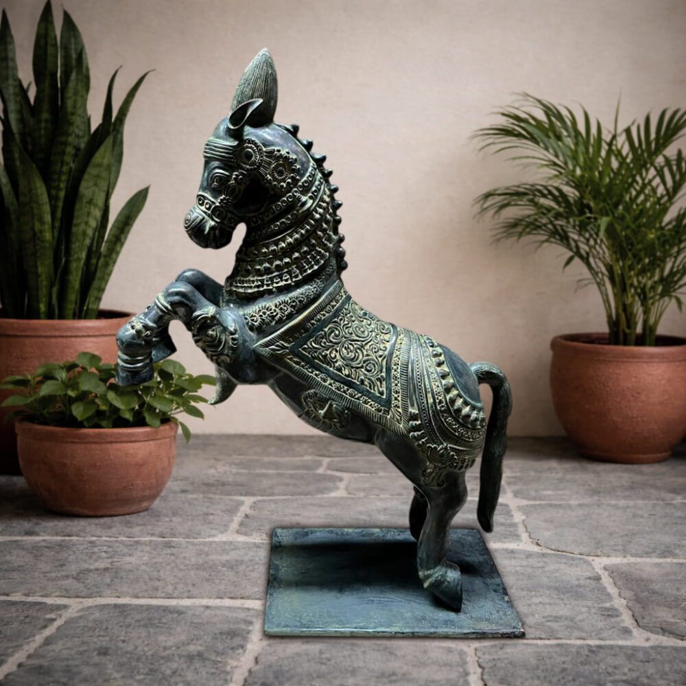 Brass Rearing Horse Statue – Vintage Patina Finish