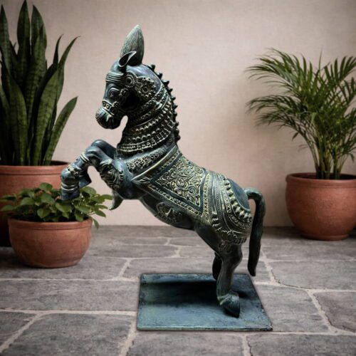 Brass Rearing Horse Statue – Vintage Patina Finish