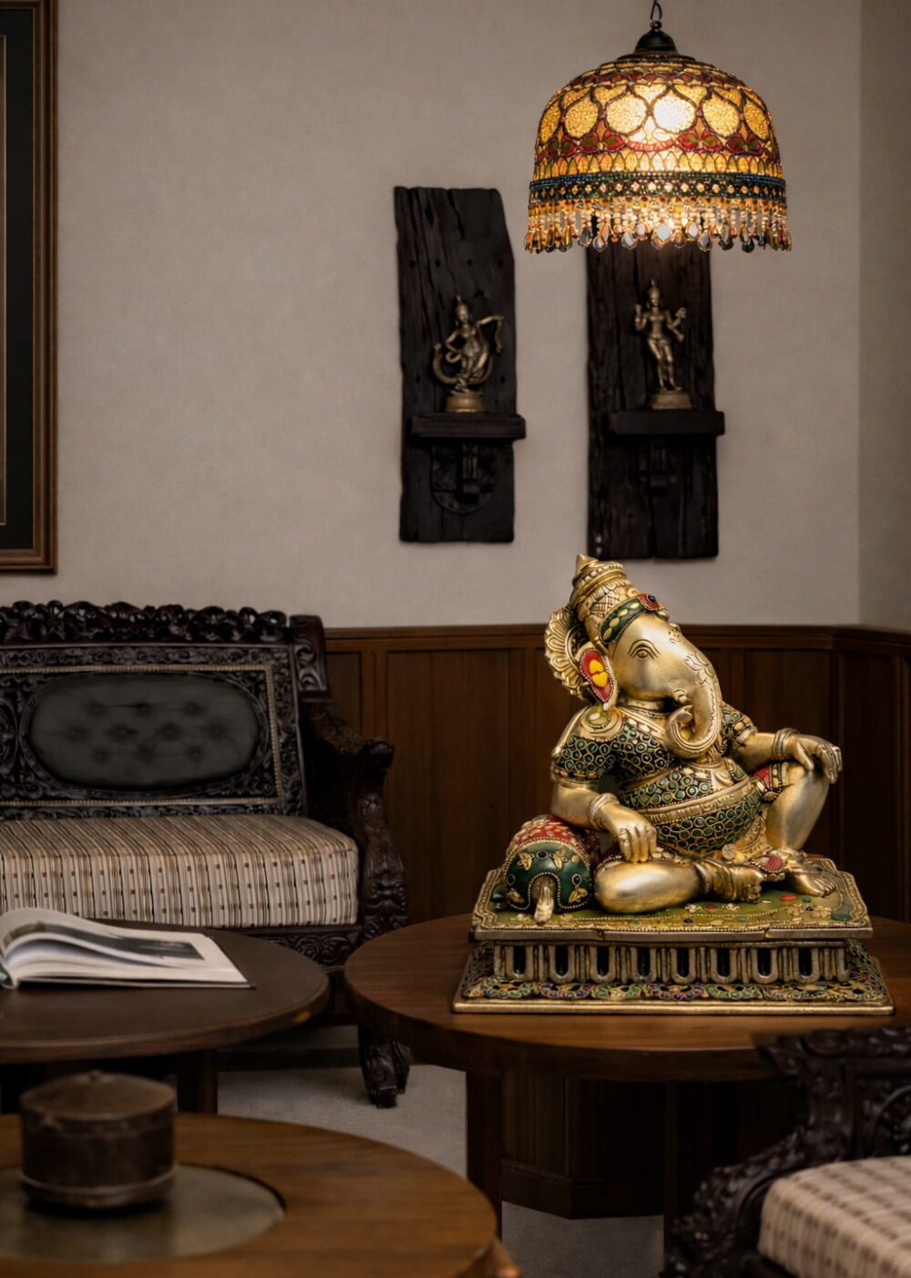 Reclining Lord Ganesha Brass Statue Meenakari Stonework-12 inches