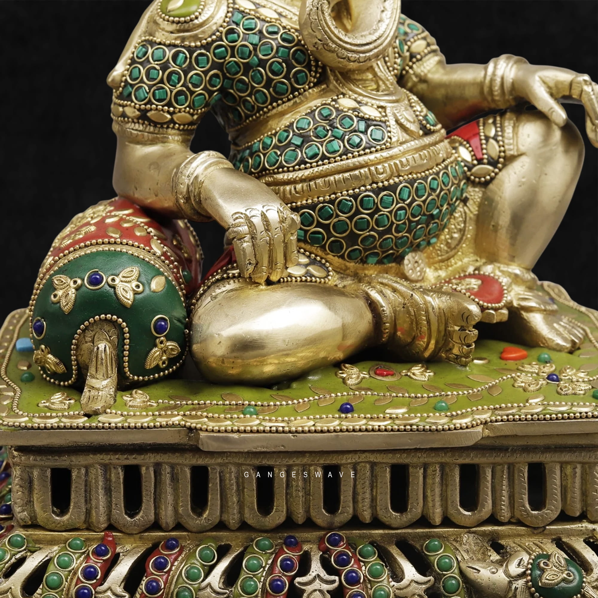 Reclining Lord Ganesha Brass Statue Meenakari Stonework-12 inches - Image 5