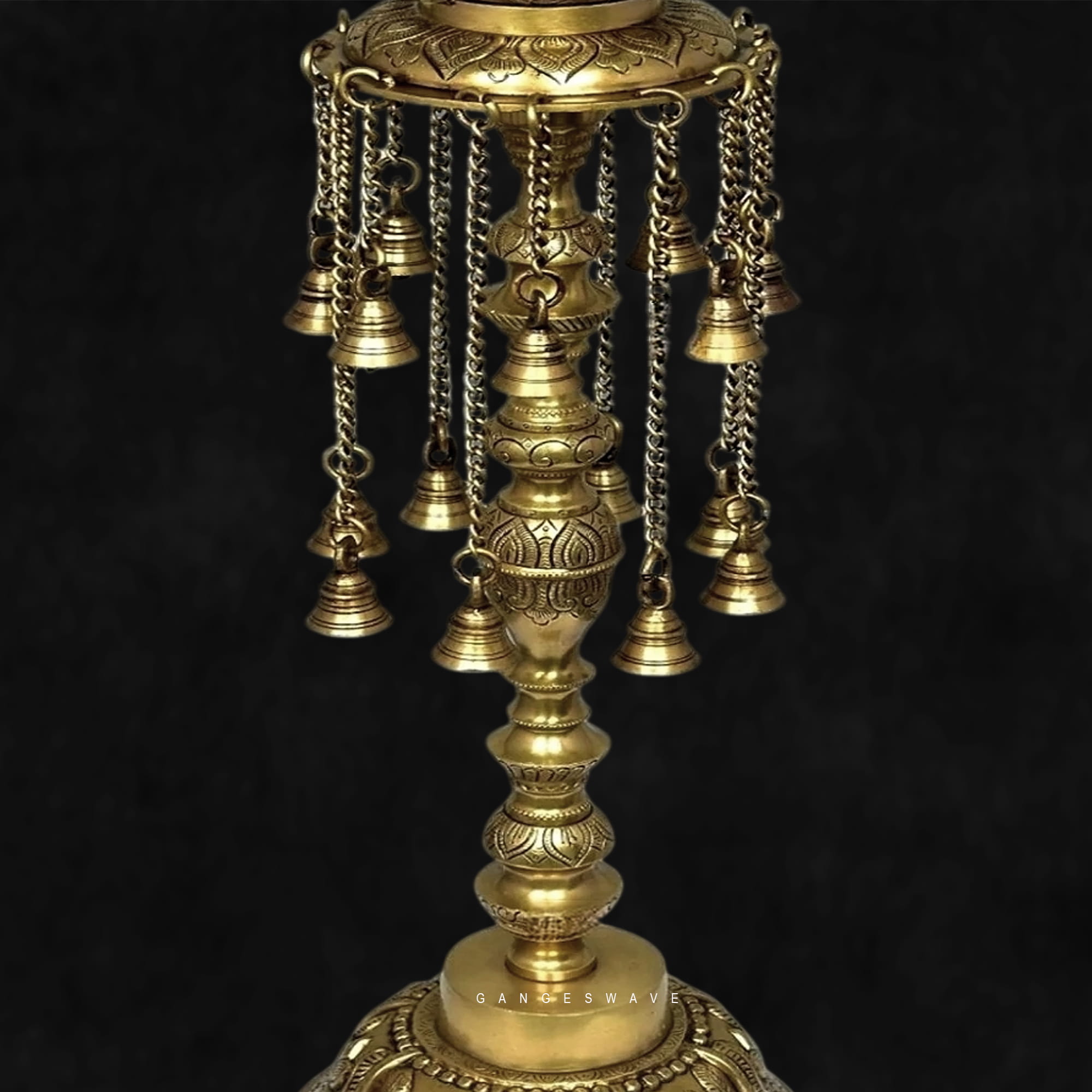 Premium Sankha Chakra Brass Diya with Hanging Bells - 30 inches - Image 4