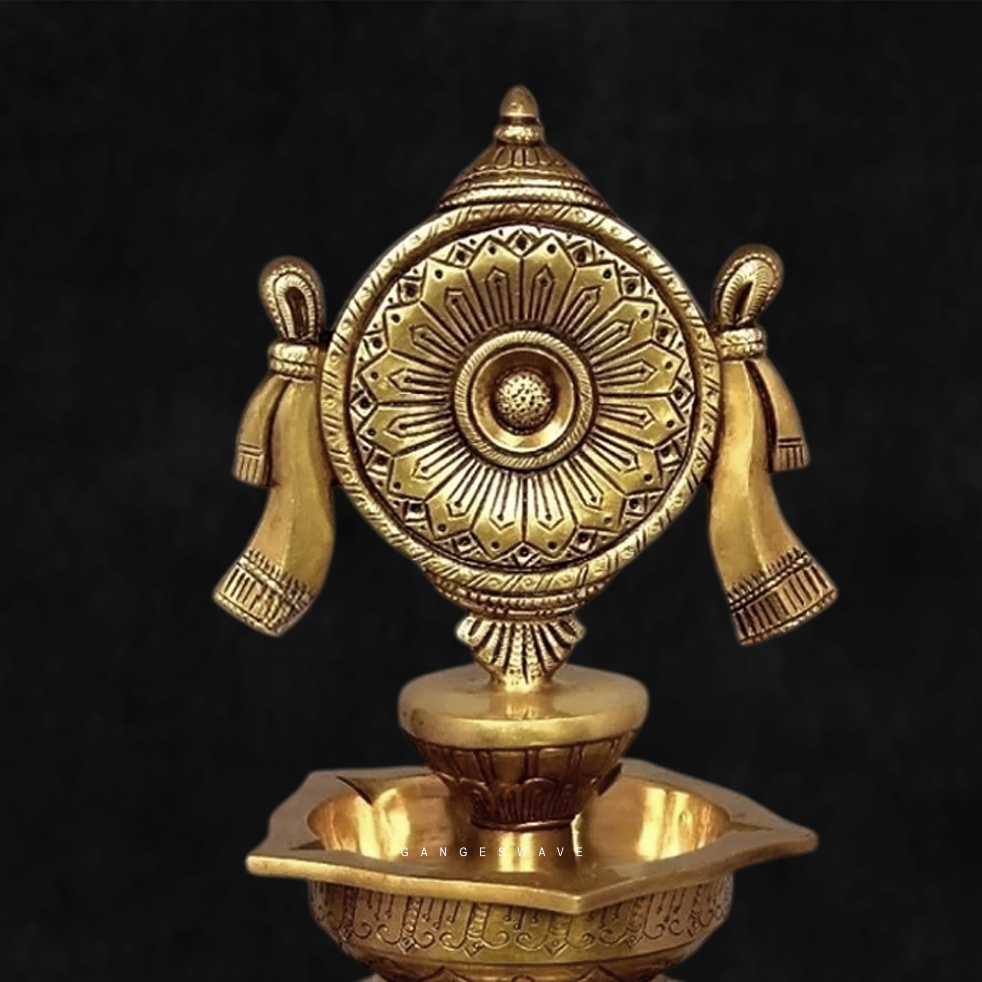 Premium Sankha Chakra Brass Diya with Hanging Bells - 30 inches - Image 5
