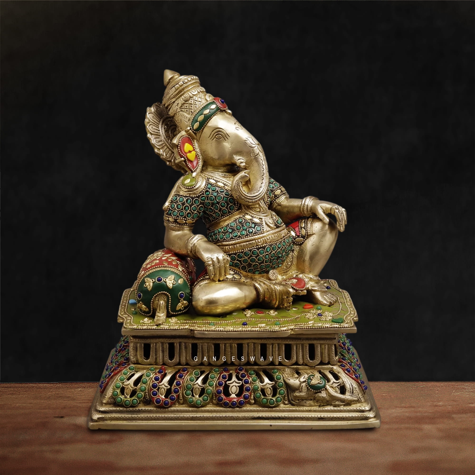Reclining Lord Ganesha Brass Statue Meenakari Stonework-12 inches - Image 2