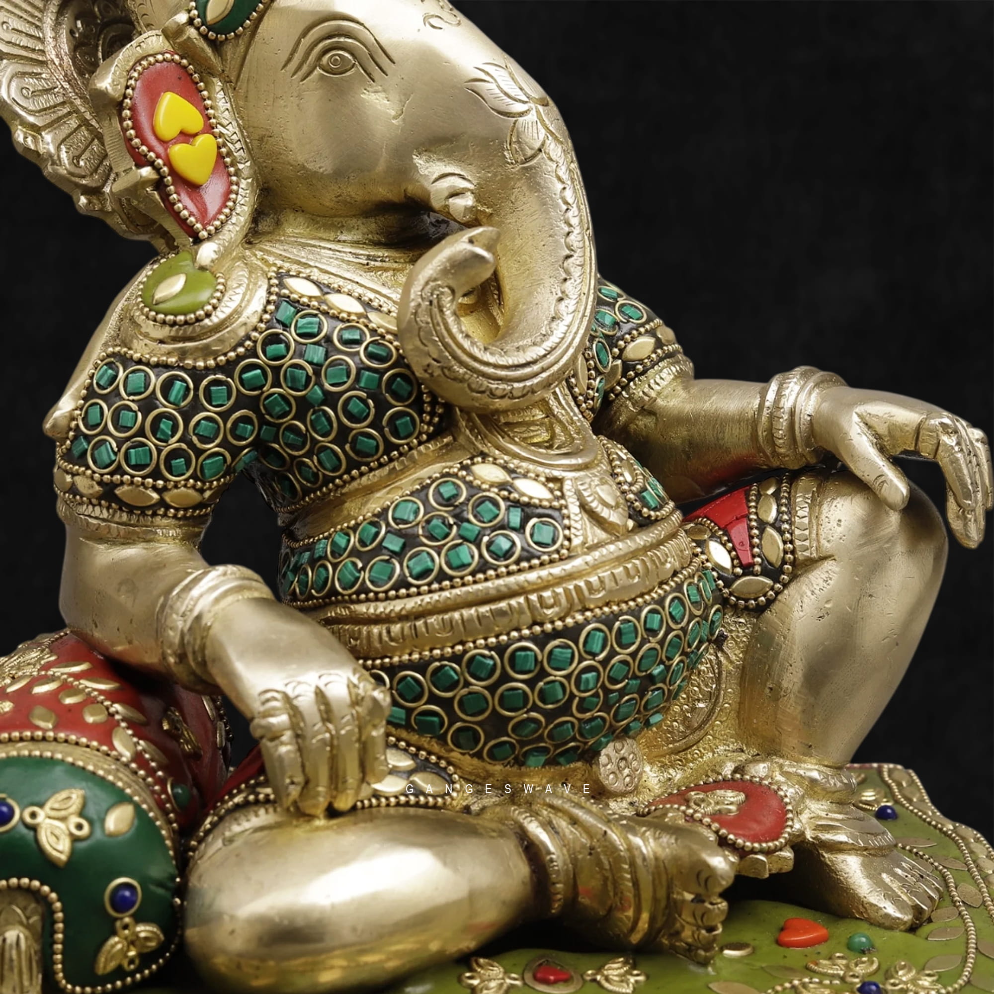 Reclining Lord Ganesha Brass Statue Meenakari Stonework-12 inches - Image 3