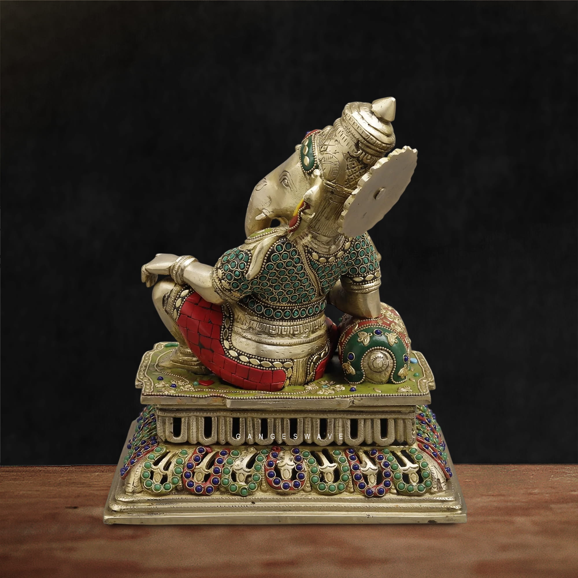 Reclining Lord Ganesha Brass Statue Meenakari Stonework-12 inches - Image 8