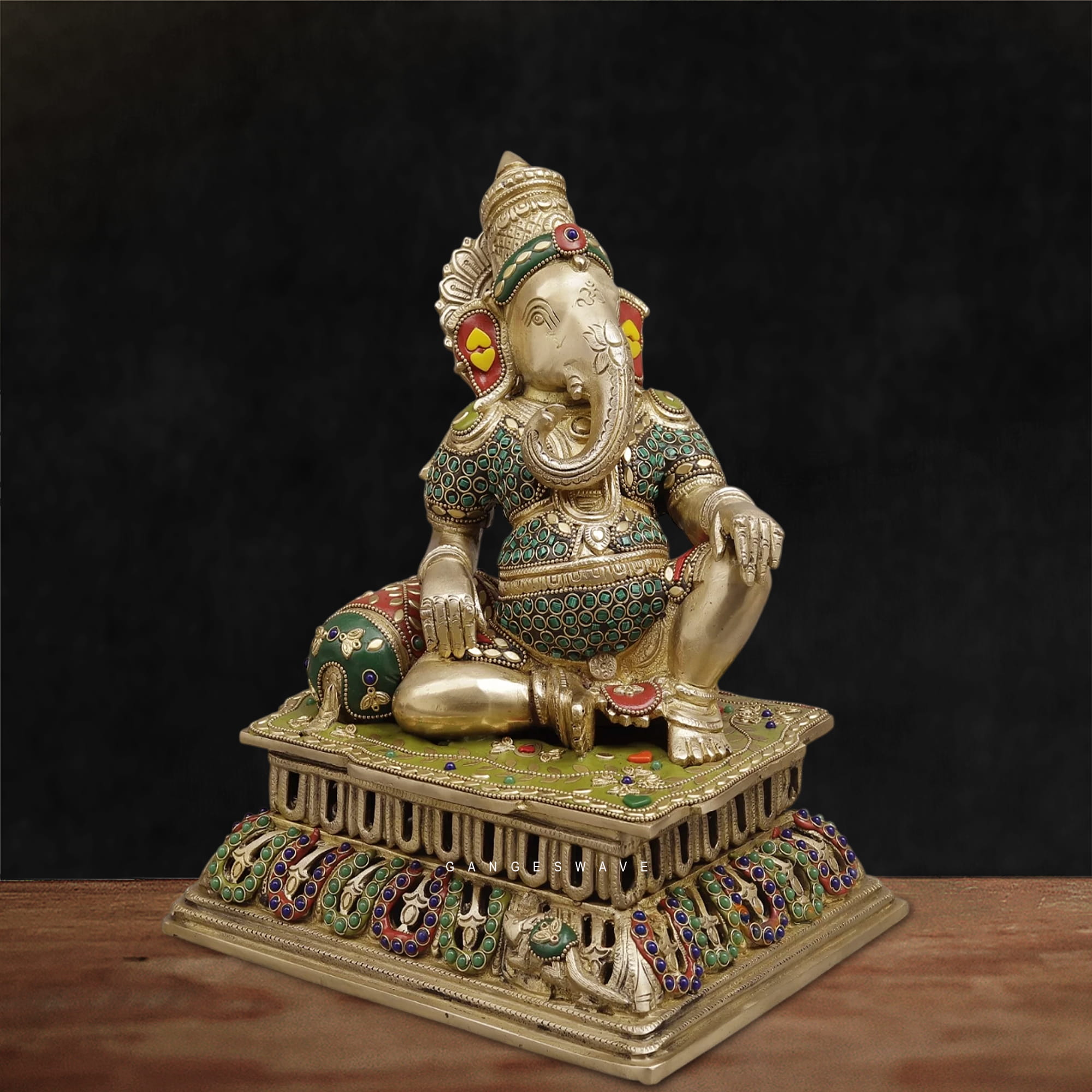 Reclining Lord Ganesha Brass Statue Meenakari Stonework-12 inches - Image 7