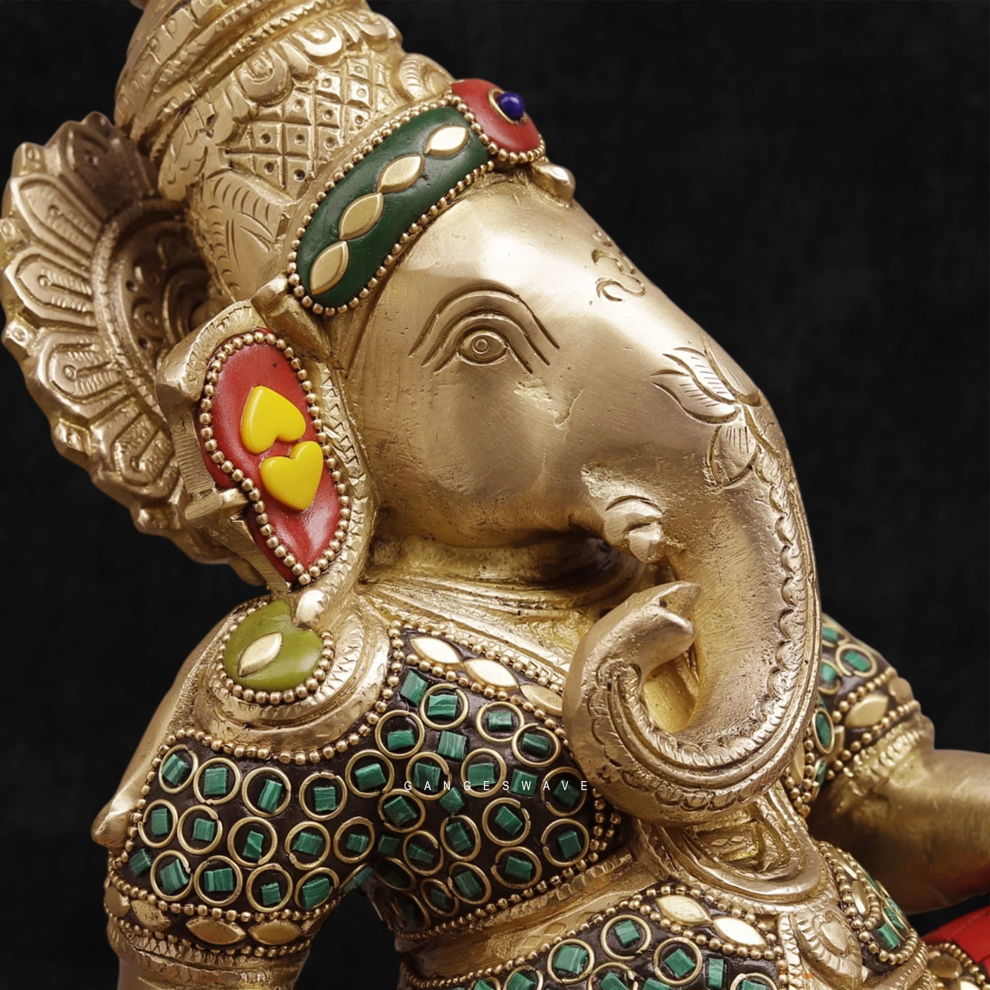 Reclining Lord Ganesha Brass Statue Meenakari Stonework-12 inches - Image 6