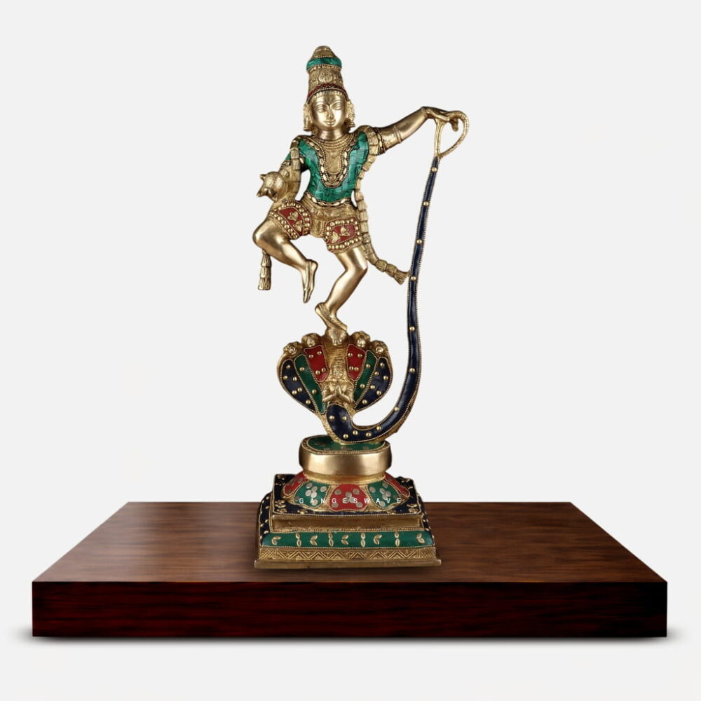 Krishna on Kaliya Nag Brass Meenakari Idol - 20 inches