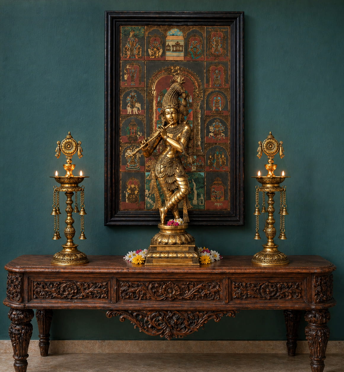Premium Sankha Chakra Brass Diya with Hanging Bells - 30 inches - Image 2
